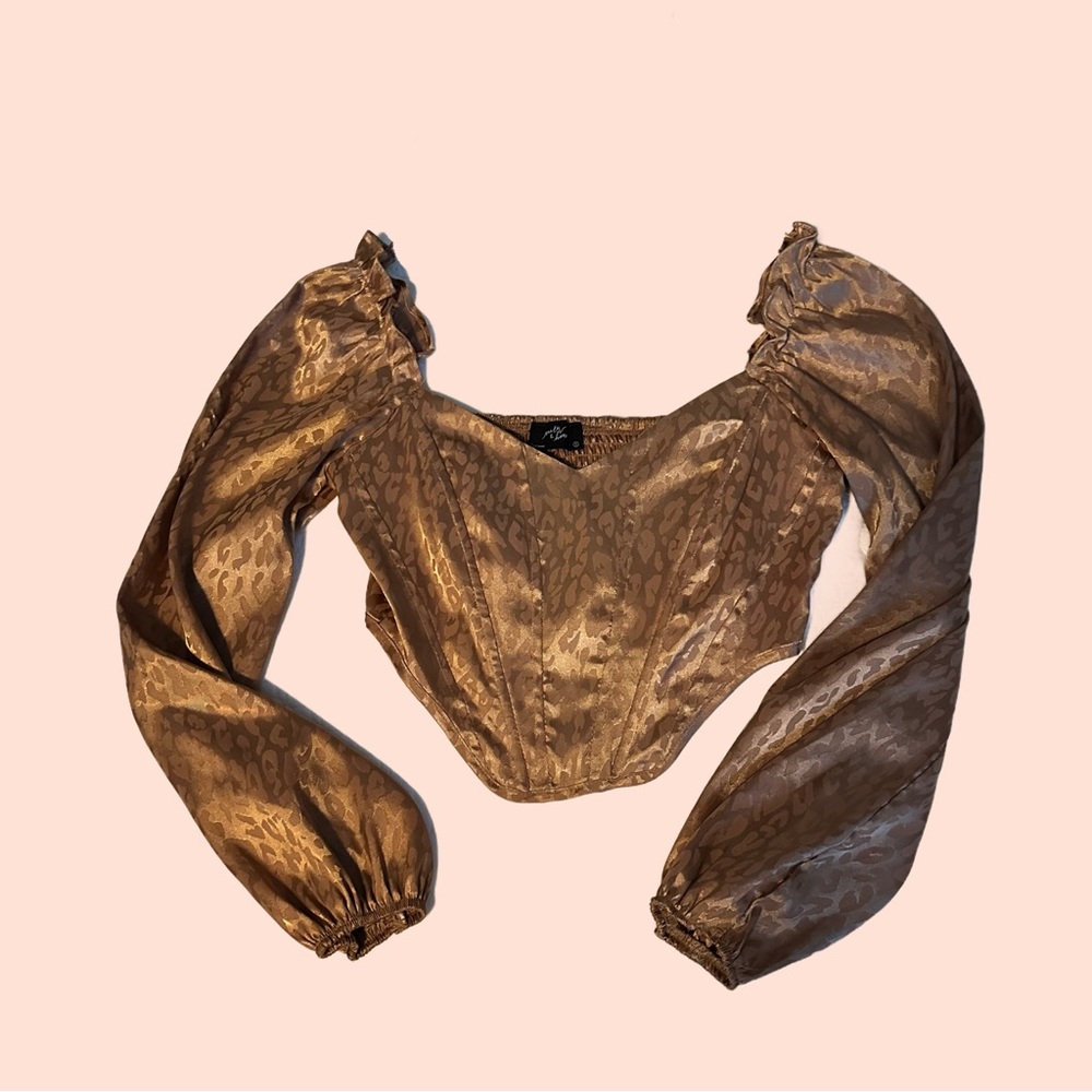 Elegant Brown/Golden Crop Top with Puff Sleeves